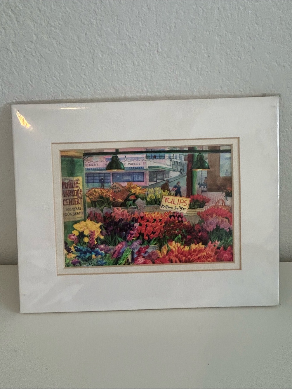Colorful Flower Market Watercolor Print White Mat Frame Seattle Public Market